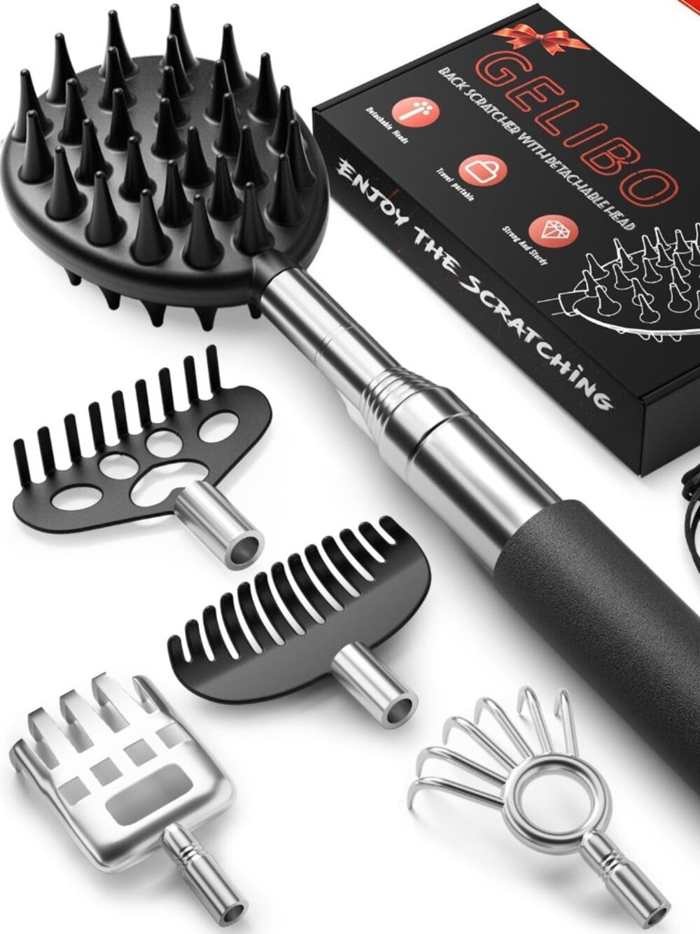 Telescoping Large Back Scratcher w/ 5 Detachable Heads Extendable Back Massager